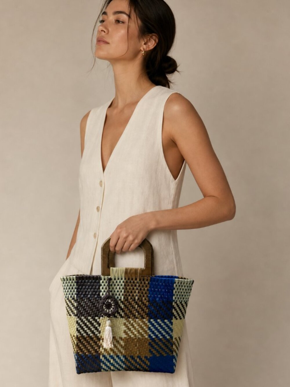 Handcrafted Woven Tote Bag - Brown and Blue